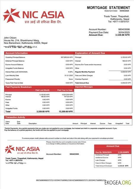 Modèle Word et PDF de relevé hypothécaire de la Nepal NIC Asia Bank